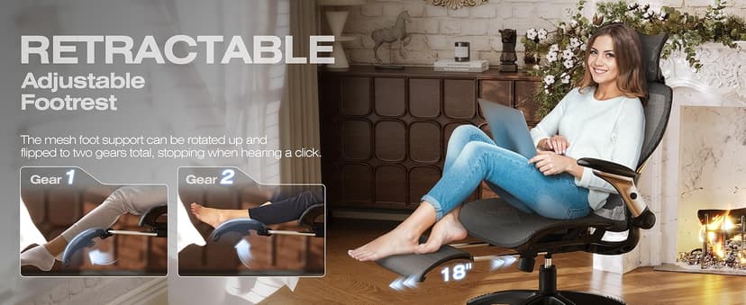 ELABEST X100 Ergonomic Mesh Office Chair with Footrest, Big and Tall Hone Desk Chair with 5D Flip-Up Arms, Adjustable 3D Lumbar Support,Gaming & Executive Computer Chairs
