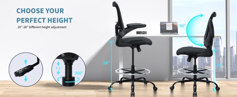 Drafting Chair, Ergonomic Tall Office Chair for Standing Desk, Counter Height Desk Chair with Adjustable Padded Armrests and Footrest Ring Standing Desk Chair Adjustable Height with Lumbar Support