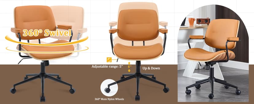 BV BONNE VIE Mid Century Walnut Office Chair with Arms, Adjustable Swivel Desk Chair, Leather Computer Chair with Rolling Wheels for Home Office or Study Room, Black