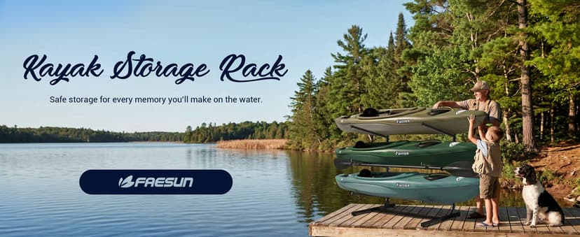 Faesun 3-Tier Kayak Storage Rack, Freestanding Kayak Rack with Paddle Hook, Adjustable Heavy Duty Kayak Stand with Ground Pegs, Storage Rack for Kayak, Canoe, Surfboard & Paddleboard
