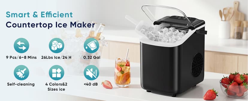 DUMOS Ice Maker Countertop, Ice Machine with Portable Handle, Basket and Scoop, 26lbs Daily, 9 Bullet Cubes in 6~8 Mins, Auto-Cleaning for Home, Kitchen, Office, Outdoors, RV Camping