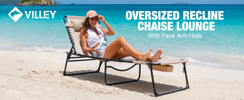 VILLEY Oversized Chaise Lounge Chair, Heavy-Duty Folding Outdoor Lounge Chair with 5 Adjustable Positions, Portable Trifold Beach Lounger for Patio, Beach, Lawn, Backyard, Camping – Beige