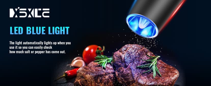 XinXu Gravity Electric Pepper and Salt Grinder Set, Adjustable Coarseness, Battery Powered with LED Light, One Hand Automatic Operation, 2 Pack/Black