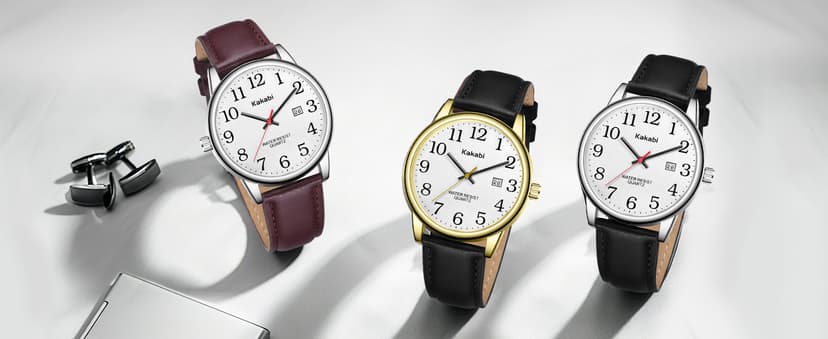 Kakabi Watch for Men, Easy Reader Unisex Analog Quartz Waterproof Wristwatch with Date and Leather Band, Casual Simple Fashion Mens Watches Gift