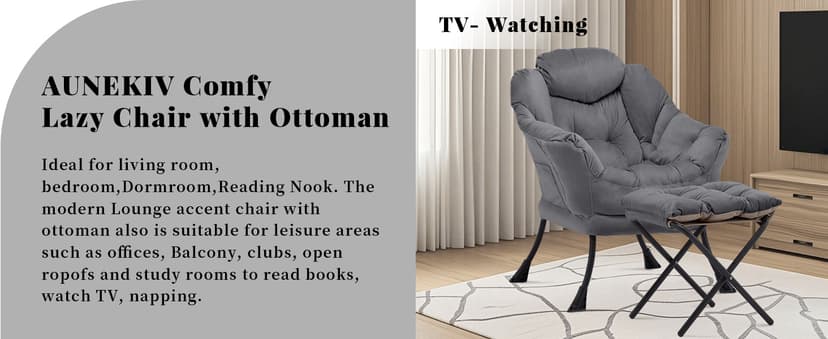 Lazy Chair with Ottoman, Comfy Accent Lounge Chair with Side Pocket, Modern Reading Armchair with Footrest, Upholstered Sofa Chair for Small Spaces, Bedroom, Living Room, Dorm, Darkgrey