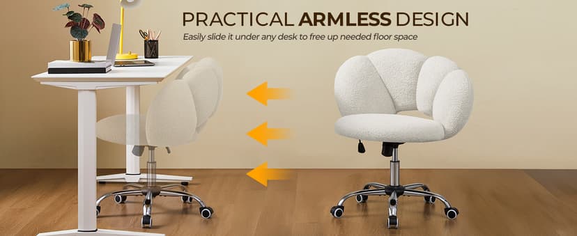 Yaheetech Boucle Upholstered Desk Chair Cloud-Shaped Vanity Chair Adjustable Home Office Computer with Rolling Wheels for Living Room, Bedroom White