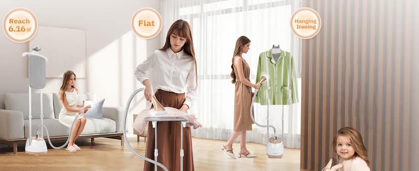 HAPAIS Steamer for Clothes,1800W Standing Garment Steamer 30s Heat-up with Adjustable Stable Double Rod,2-in-1 Flat & Hanging Ironing,Clothes Steamer with 10 Fabric Steam Modes