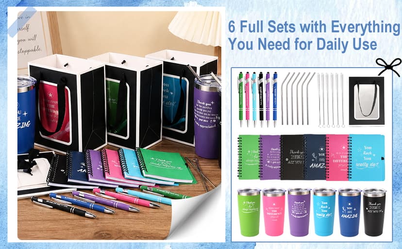 6 Set/36 Pcs Teacher Employee Appreciation Gifts Bulk - 20 Oz Insulated Tumblers, Steel Straw & Cleaner, Gift Bag, Inspirational Notebook, Motivational Pen - Thank You Gift for Coworker, Nurses B0GVYGNVQM