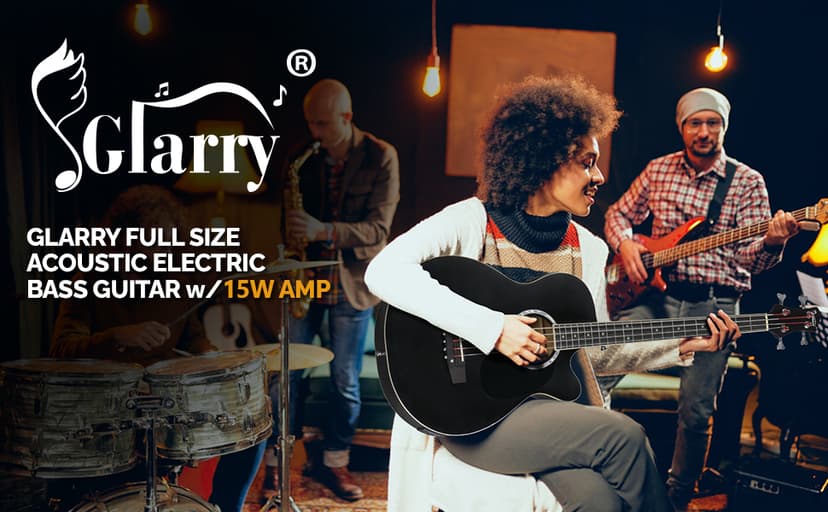 GLARRY Full Size Acoustic Electric Bass Guitar Beginner Kit w/ 15W Amp, Cutaway 4 Strings Electric Acoustic Bass Guitar w/Inbuilt Tuner, Bag, Strap, Picks, Strings, Bass Guitarra,Matte Black
