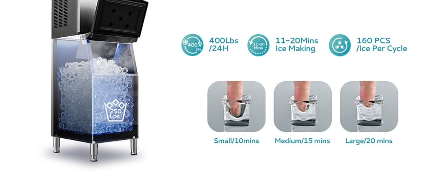 EUHOMY Commercial Ice Maker Machine 400Lbs/24H,ETL Approval, Industrial Ice Machine, 250Lbs Storage, Ice Ready in 11-20min, Stainless Steel Ice Maker for Bar/Cafe/Restaurant/Business