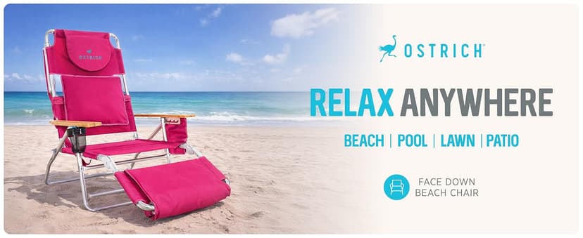 Ostrich the Deluxe 3N1 Lightweight Lawn Beach Reclining Lounge Chair with Footrest, Outdoor Furniture for Patio, Balcony, Backyard, or Porch, Pink