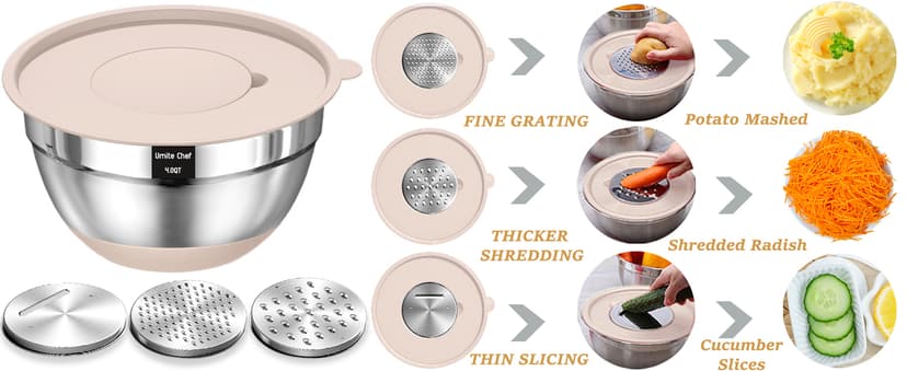 Mixing Bowls with Airtight Lids Set, 26PCS Stainless Steel Khaki Bowls with Grater Attachments, Non-Slip Bottoms & Kitchen Gadgets Set, Size 7, 4, 2.5, 2.0,1.5, 1QT, Great for Mixing & Serving