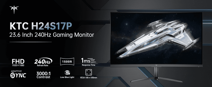 KTC 24 Inch Curved 240Hz Gaming Monitor, FHD 1500R Curved Computer Monitor 1080P, 3000:1 Contrast, Adaptive Sync, HDR, MPRT 1ms, HDMI DisplayPort, Low Blue Light, Tilt, VESA Mount, H24S17P
