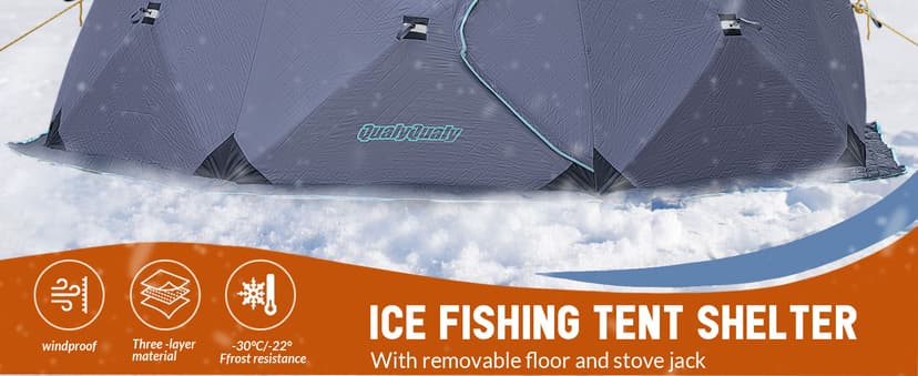 QualyQualy Insulated Pop-Up Tent with Floor - 8-10 Person Ice Fishing Shelter, 147sq.ft Windproof Ice Shack Hut with Stove Jack, Carrying Bag