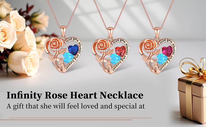925 Sterling Silver Double Birthstone Rose Flower Heart Jewelry Necklaces for Women Anniversary Love Forever Necklaces for Her Birthday Gifts for Wife Girlfriend Mom Mothers Day Rose Gold