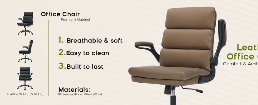 Office Chair Adjustable Desk Chair Mid Back Executive Comfortable Bonded Leather Ergonomic Back Support Home Computer Chairs with Padded Flip-up Armrest Swivel Wheels (Tan)