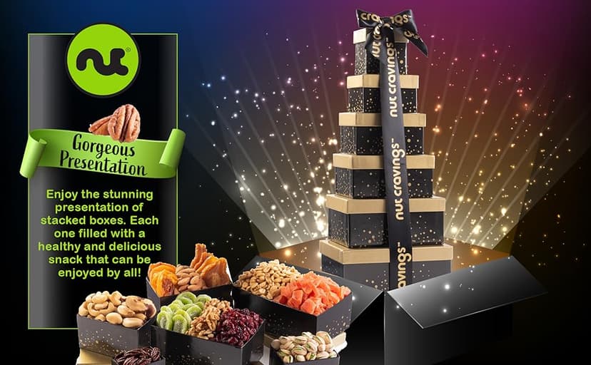 NUT CRAVINGS - Diwali Sweets Hamper Dried Fruit & Mixed Nuts Gift Basket in Black Tower + Ribbon (12 Assortments) Food Arrangement, Healthy Snack Care Package, Food Assortments