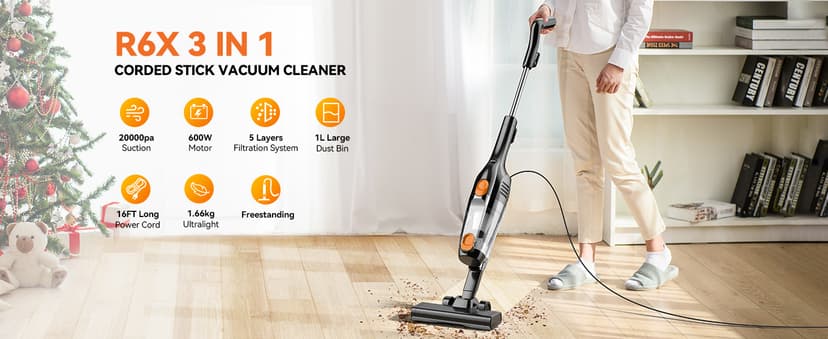 Vazone R6X Corded Stick Vacuum Cleaners for Home, 30Kpa Powerful Suction Stick Vacuum with 16Ft Cord, 2 in 1 Lightweight Handheld Vacuum Cleaner for Hardwood Floor Pet Hair