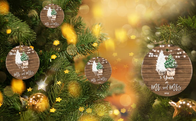 5th Anniversary Ornament Gifts for Couple, 5 Year Wedding for 5th Anniversary, Ceramic Keepsake 5 Year as Mr and Mrs Christmas Ornaments