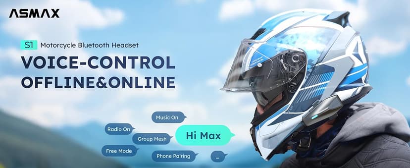ASMAX S1 Motorcycle Bluetooth Headset with Smart Voice Control, Mesh Helmet Communication Systems, Noise Cancellation/Waterproof/FM Radio/FOTA Update, 8 Riders Intercom Fit for Snowmobile/Ski, 1 Pack