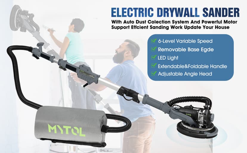 MYTOL Drywall Sander, 7.2A Electric Drywall Sander with Vacuum Dust Collection, LED Light, 6 Variable Speed Digital Display 900-1800RPM, Foldable & Extendable Handle (GREY)
