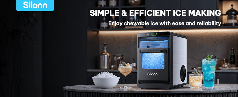 Silonn Nugget Ice Maker Countertop - 44lbs/24h Crushed/Pebble Ice Machine, Front Pull-Out Water Tank & Removable Basket, Stainless Steel Finish for Home Kitchen