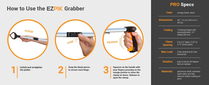 EZPIK Pro 43" Foldable Grabber Reacher Tool for Seniors - Grabbers for Elderly Reaching Tool Heavy Duty Pickup Trash Picker Upper Equipment - Claw Grabber Stick for Reaching Aids, Weed Gripper