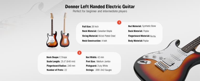Donner 39 Inch Left-Handed Electric Guitar Kit Solid Body Sunburst Lefty Beginner Set Full-Size with Amplifier Online Lesson Bag Digital Tuner Capo Strap String Cable Picks DST-100SL