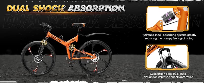 Outroad 26 Inch Folding Mountain Bike, 21 Speed Full Suspension High-Carbon Steel MTB Foldable Bicycle, Dual Disc Brake Non-Slip Folding Bikes for Adults/Men/Women, Black, Orange and Green