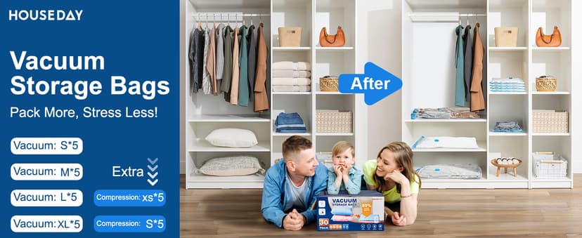 HOUSE DAY 30 Pack Vacuum Storage Bags with Electric Pump, 4 Sizes + 2 Roll-Up (5 Each), Space Saver Vacuum Seal Bags for Clothing, Bedding, Pillows, Travel – Airtight Seal, Reusable & Durable