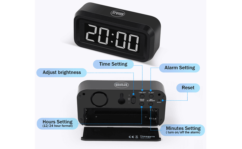 Timegyro Digital Alarm Clock Battery Operated with LED Display for Bedrooms, Long Battery Life for 12 Months, 3 Brightness Adjustable, 12/24 Hour, Snooze, Black Case with White Digits