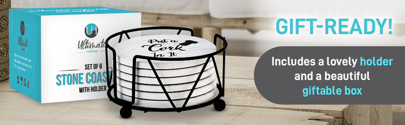 Coasters for Drinks Absorbents with Holder - 6 Pcs Gift Set with 6 Funny Sayings for Wine Lovers - Ceramic Stone with Corked Back, Unique Present for Housewarming, Living Room Decor