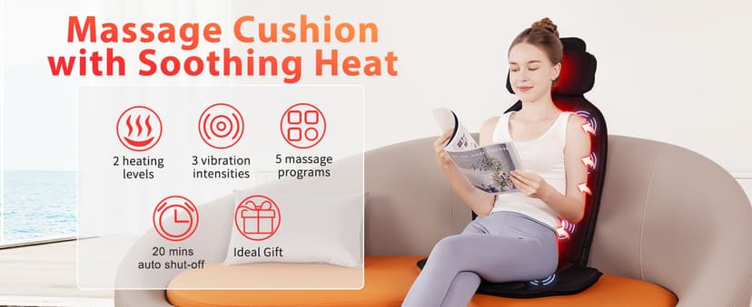 Back Massager with Heat,Vibration Massage Chair Pad with 5 Massage Modes & Adjustable Heat Levels, Memory Foam Back Massager Cushion for Office Chair, or Home Use,Midnight