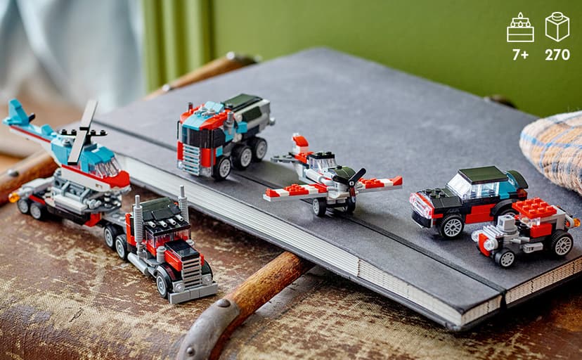 LEGO Creator 3 in 1 Flatbed Truck with Helicopter Toy, Transforms from Flatbed Truck Toy to Propeller Plane to Hot Rod and SUV Cars, Gift Idea for Boys and Girls Ages 7 Years Old and Up, 31146 B0CGY4J7QT
