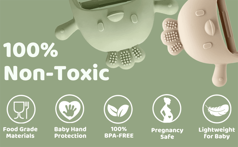 2 Pack Baby Teething Toy Silicone Teething Mitten for Babies Over 3 Months Anti Dropping Wrist Hand Teethers Baby Chew Toys for Sucking Needs, BPA Free (Green & Caramel)