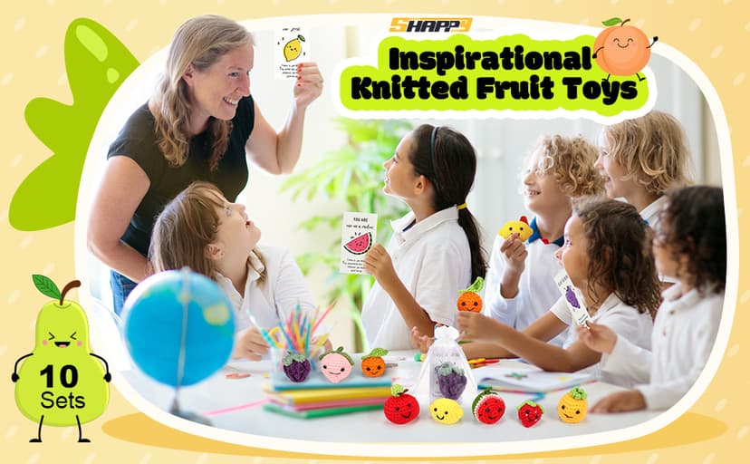 Shappy 10 Sets Inspirational Positive Fruit Toy Gift Cute Funny Wool Knitted Fruit Mini Employee Appreciation Gift Motivational Pun Card Organza Bag Classroom Team Vacation Party Favor for Student