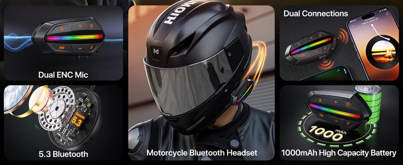 Motorcycle Bluetooth Headset, Bluetooth 5.3 Helmet Speakers with Loud Sound, RGB Lights & 1000mAh Battery, Noise Cancelling Helmet Bluetooth Headset for Drivers, IPX6 Waterproof Motorcycle Headphones
