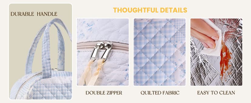 WOBAGMEN Quilted Lunch Box for Women,Lunch Box for Teen Girls,Cute Floral Lunch Bags for Work, School,Office,Picnic,Travel (green blue pin)