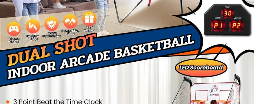 BAGAIL Basketball Arcade Game, Electronic Basketball Shooting Game with 8 Game Modes, Arcade Sounds, Foldable Frame, 4 Balls, Inflation Pump, Ideal Indoor Sport Games for All Players - Dual Shots