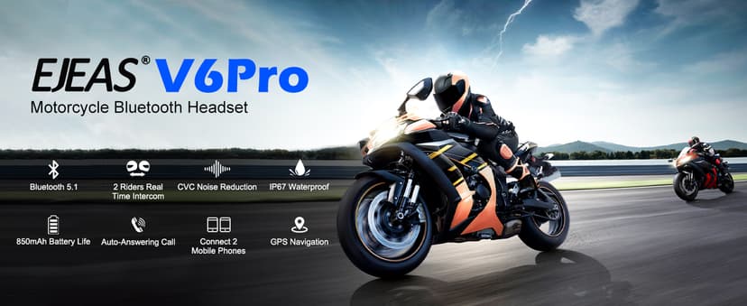 EJEAS V6 Pro Motorcycle Bluetooth Headset, Upgraded 2 Riders Intercom Helmet Communication System with Auto-Answering Call and Noise Reduction for Motorcycling Skiing and Climbing (2 Pack)