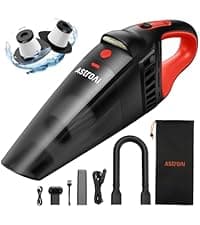 AstroAI Handheld Car Vacuum Cordless with Accessories, Portable Vacuum Cleaner with 12V DC Power, LED Light, Brush, Extended Suction Pipe, Hose, Mini Handheld for Car, Home, Office, and Pet Hair, Red