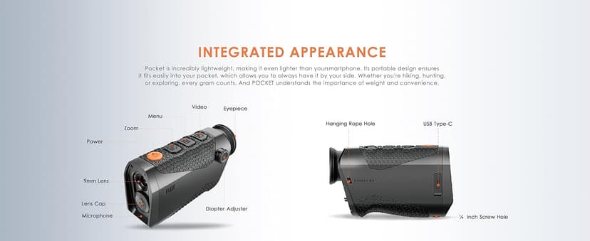 RIX Pocket K2 Portable Thermal Monocular for Hunting, 256x192 (50Hz), Wi-Fi, Handheld Night Vision Monocular