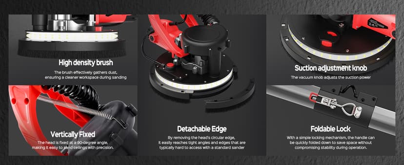 Drywall Sander, 2025 Upgraded 8-Amp Popcorn Ceiling Removal Tool with 7 Variable Speed 800-1800RPM, Drywall Sander with Vacuum Dust Collector with Extendable Handle, LED Light, 12pcs Sanding Discs,Red