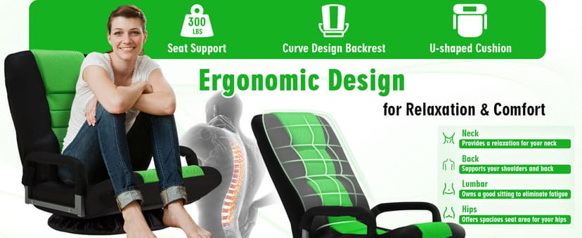 Swivel Floor Gaming Chair w/Armrests,Folding Video Reclining Sofa w/6 Adjustable Position, Padded Backrest & Cushion, Lazy Lounger Couch for E-Sports, Reading, Relaxing, Watching TV, Green