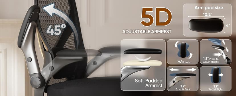 GABRYLLY Ergonomic Office Chair, Big and Tall Mesh Chair with Adjustable Lumbar Support, 5D Arms & Wide Seat, 135° Recline Home Desk Computer Chairs for Work Gaming, Heavy Duty,400LBS - Black