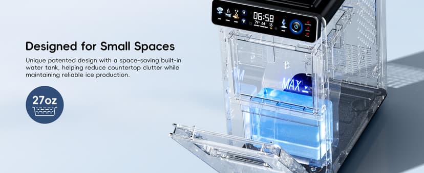 ecozy Ice Makers Countertop, Ultra Slim Design with Full-Color Panel, Internal Lights, 26 lbs/24H, Timer Ice Making, Two Ice Sizes, Portable Self-Cleaning Ice Machine for Home/Kitchen/RV