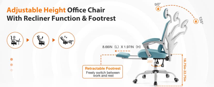 Sweetcrispy Office Computer Desk Chair with Footrest,Ergonomic High-Back Mesh Rolling Work Swivel Chairs with Wheels,Comfortable Lumbar Support,Comfy Arms for Home,Bedroom,Study,Student,Light Blue