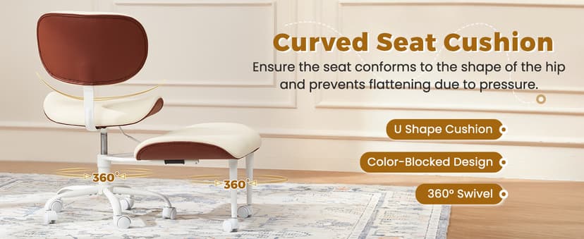 EROMMY ADHD Chair with Wheels Retractable footrest, Wide and Thickened Criss Cross Chair, Ergonomic Cross Legged Kneeling Desk Chairs for Meditation Yoga, Beige & Brown