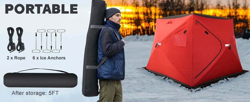 ShedOFF 300D/600D Insulated Ice Fishing Shelter 2-3 Person, Wide Bottom Windproof Pop-up Ice Fishing Tent, Thermal Portable Ice Shanty Ice Shack