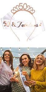 CIEHER 50th Birthday Crown + 50 & Fabulous Sash+Pearl Pin Set, Tiara, 50th Gifts, Decorationsfor Women Friends, Happy Party Favor Supplies